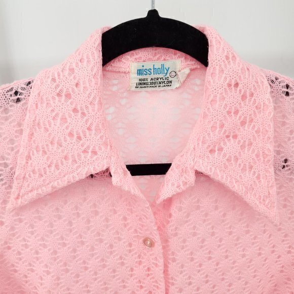 VTG 60s/70s Pink Open-Knit Button Shirt W/Dagger Collar  M/L Halloween Disco Mod - Picture 6 of 15